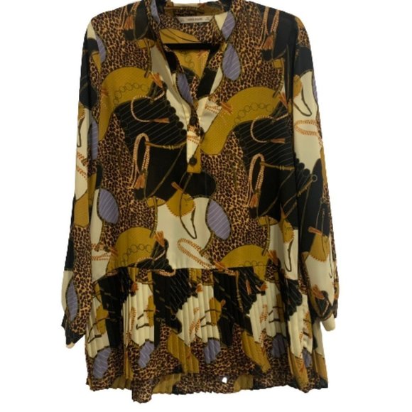 Zara Tops - Zara Abstract Long Sleeve V Neck Sheer Blouse with Pleated Hem Women's Size S